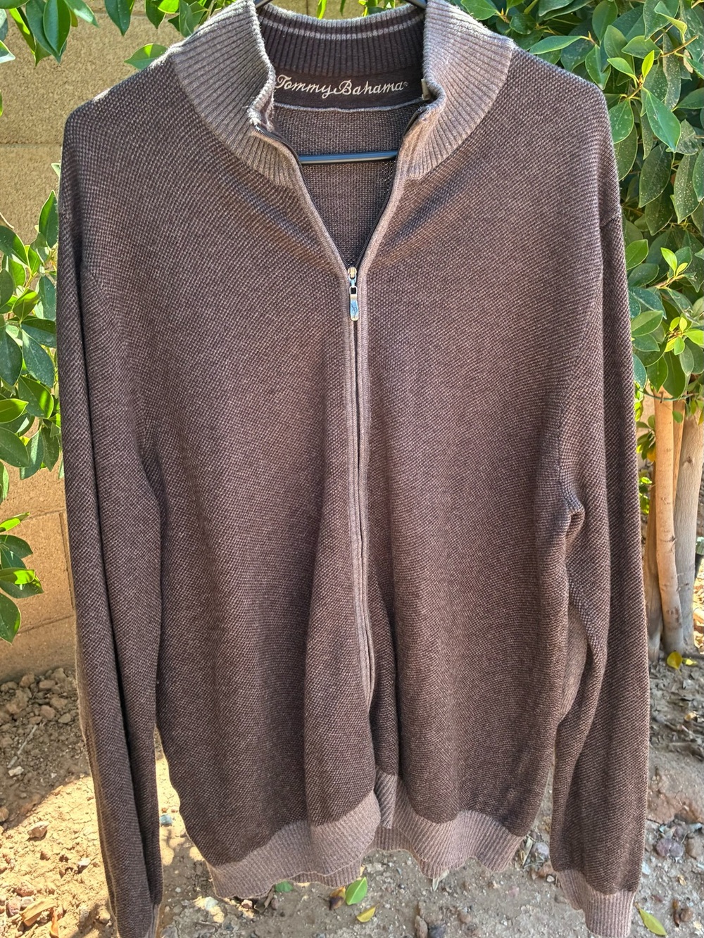 Tommy Bahama Men’s L/G Brown Full Zip Sweater 20% Cashmere Cotton Elbow Patches